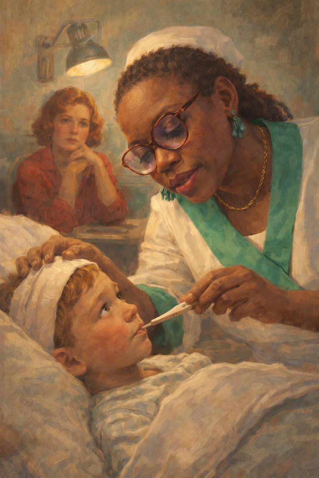 Illustration des métiers du soin : une infirmière au chevet d'un enfant, symbole de bienveillance et d'accompagnement